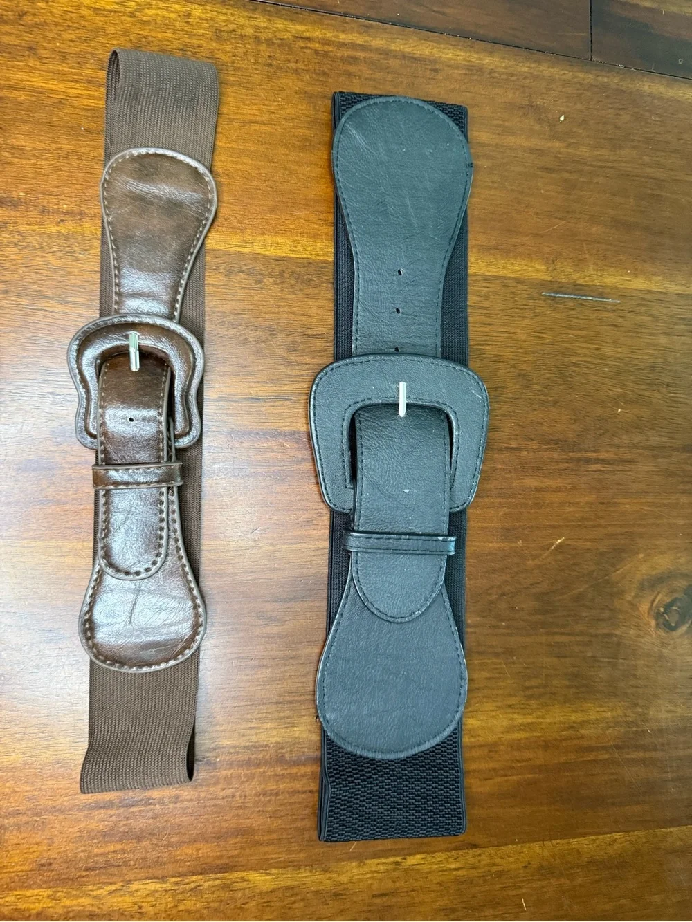 Elastic Waist Belt with Leather Buckle Accent - Brown and Black